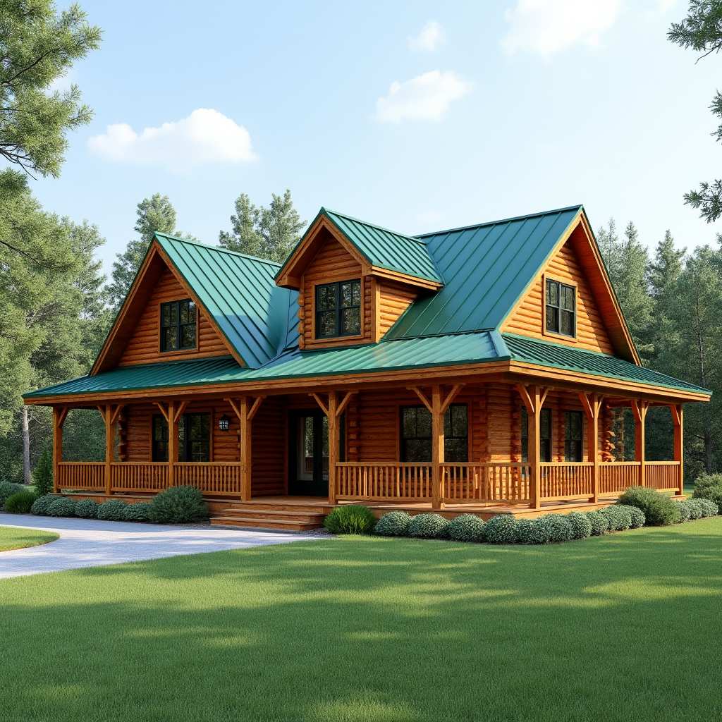 Green metal roof on a log cabin.