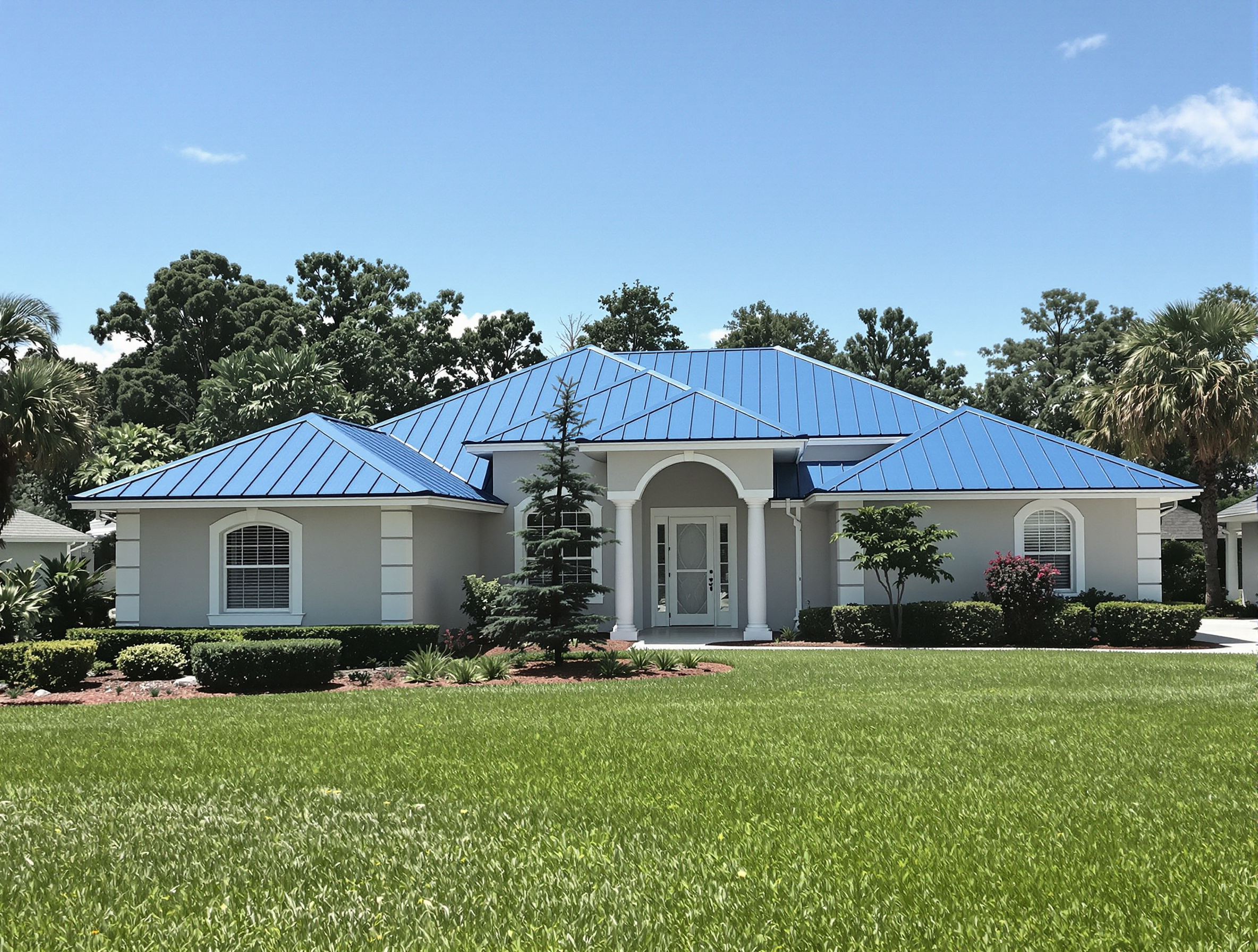 A Blue color metal roof on a grey and white house.