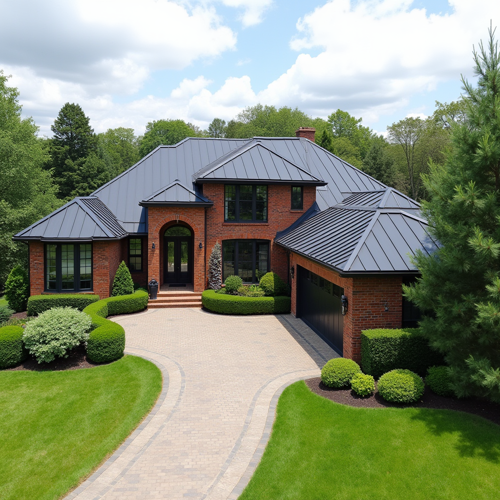Black metal roof on nice home.