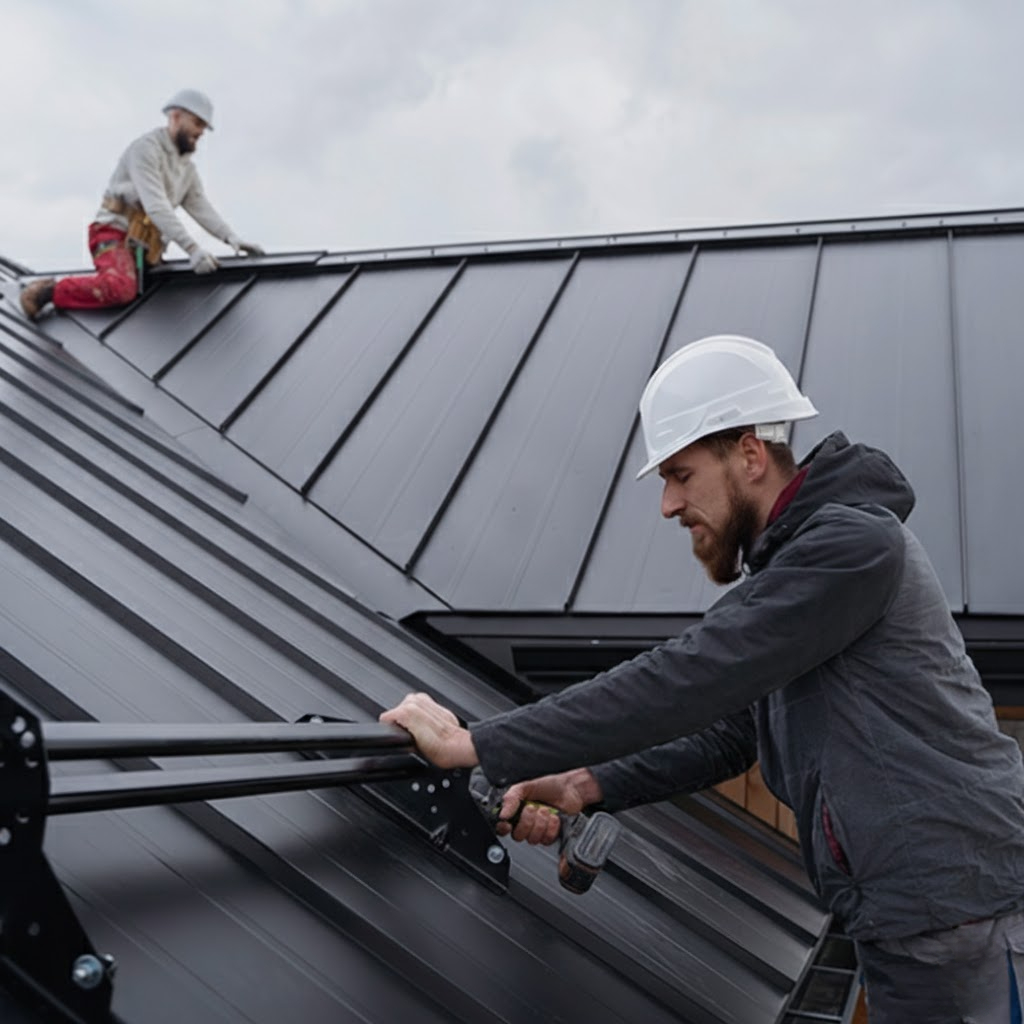 Expert roofers installing a durable standing seam metal roofing system in the Tampa Bay area