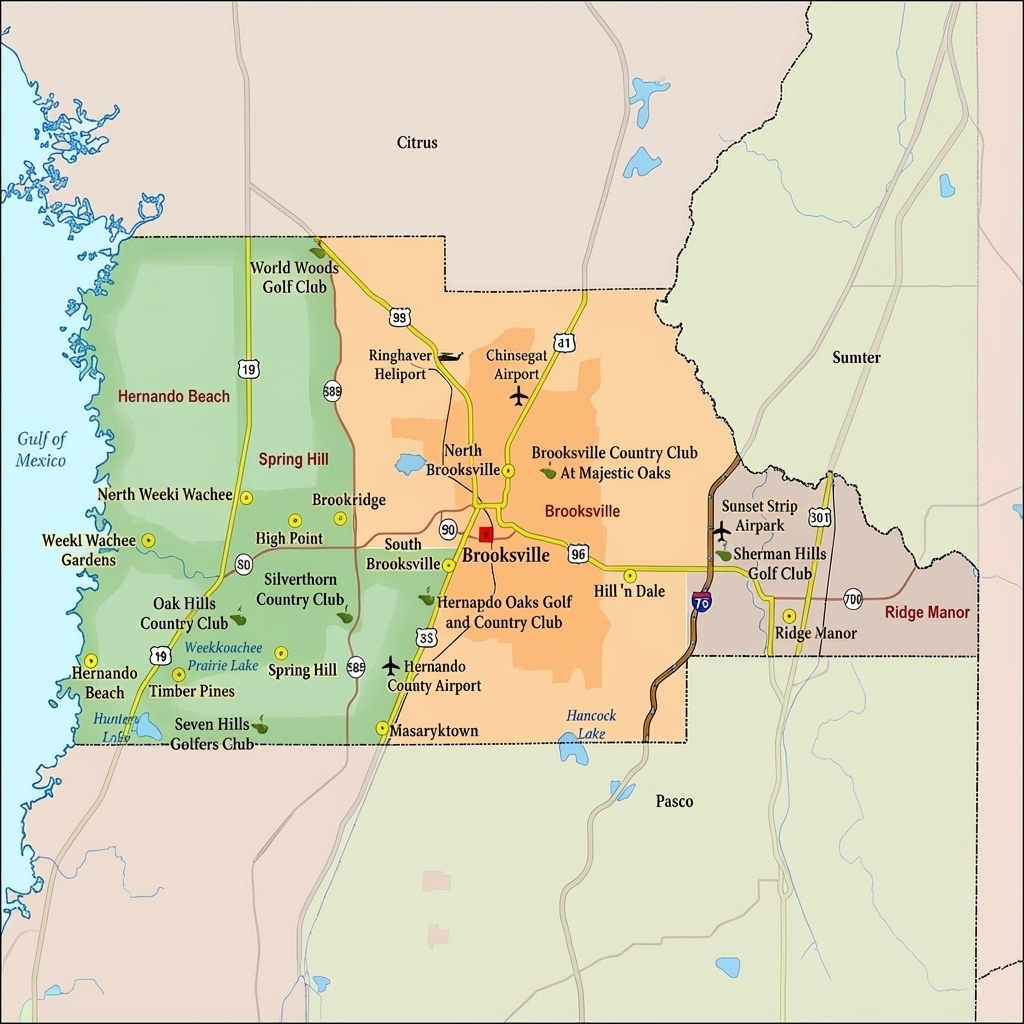 Map of Hernando County, FL, highlighting cities including Brooksville and Spring Hill.