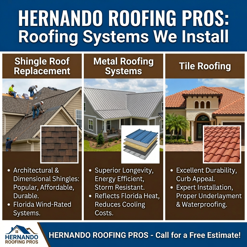 Roofing systems installed by JK Johns Roofing, including shingle and metal roofs in Hernando County, FL.
