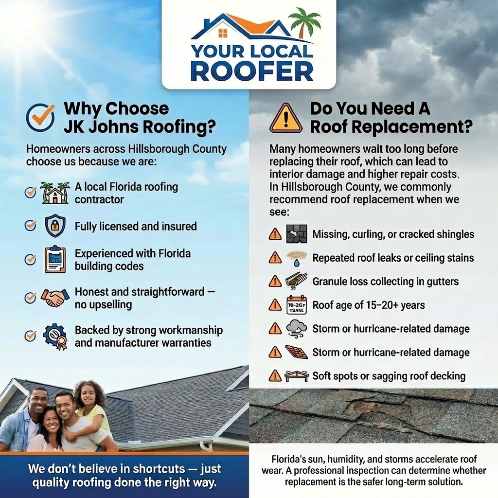 Signs of roof damage needing replacement in Tampa, FL.