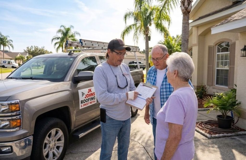 JK Johns Roofing expert discussing roof replacement cost factors with homeowners in Brooksville, FL.
