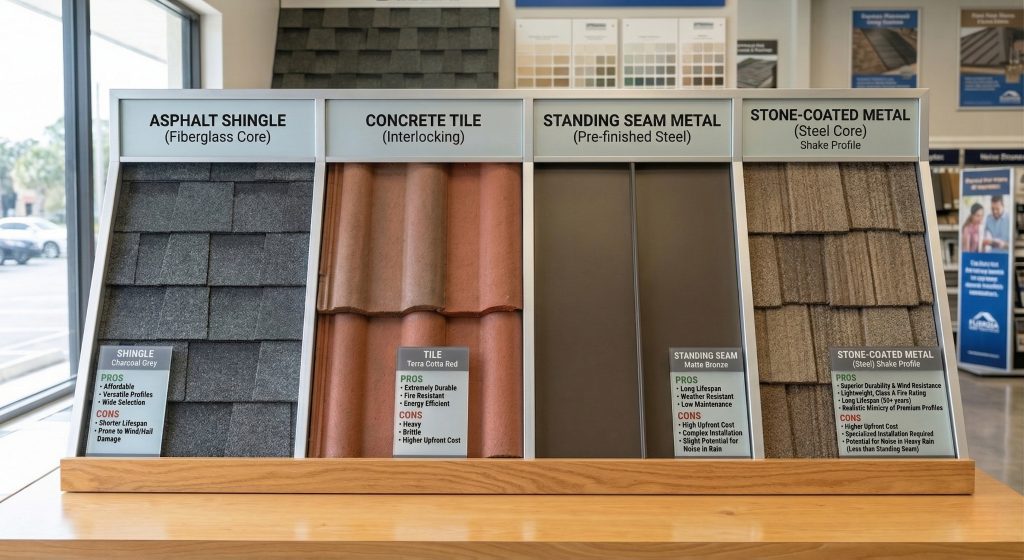 Selection of roofing material options including various shingle styles and colors for a roof replacement project by JK Johns Roofing in Brooksville, FL.