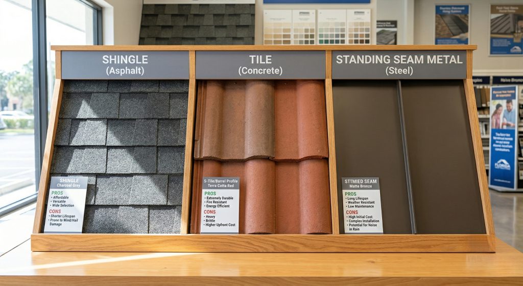 Display of various asphalt shingle roofing material options and colors for homeowners in Brooksville, FL - JK Johns Roofing.