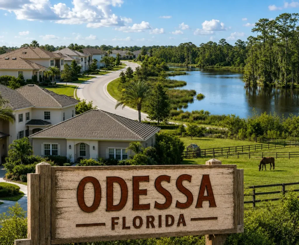 Tile-roof homes beside a lake behind an Odessa, Florida entrance sign