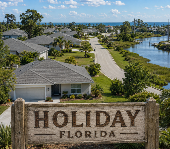 Shingle-roof homes along a canal behind a Holiday, Florida entrance sign