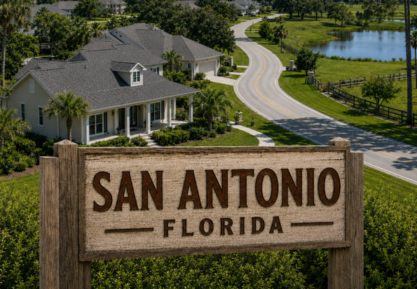 Shingle-roof home beside a winding road and pond in San Antonio, Florida