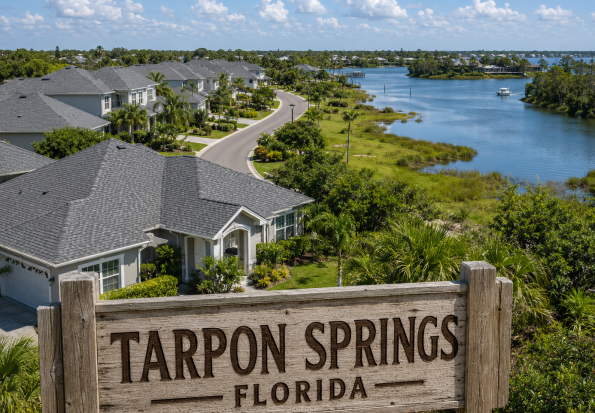Waterfront homes with shingle roofs behind a Tarpon Springs, Florida sign